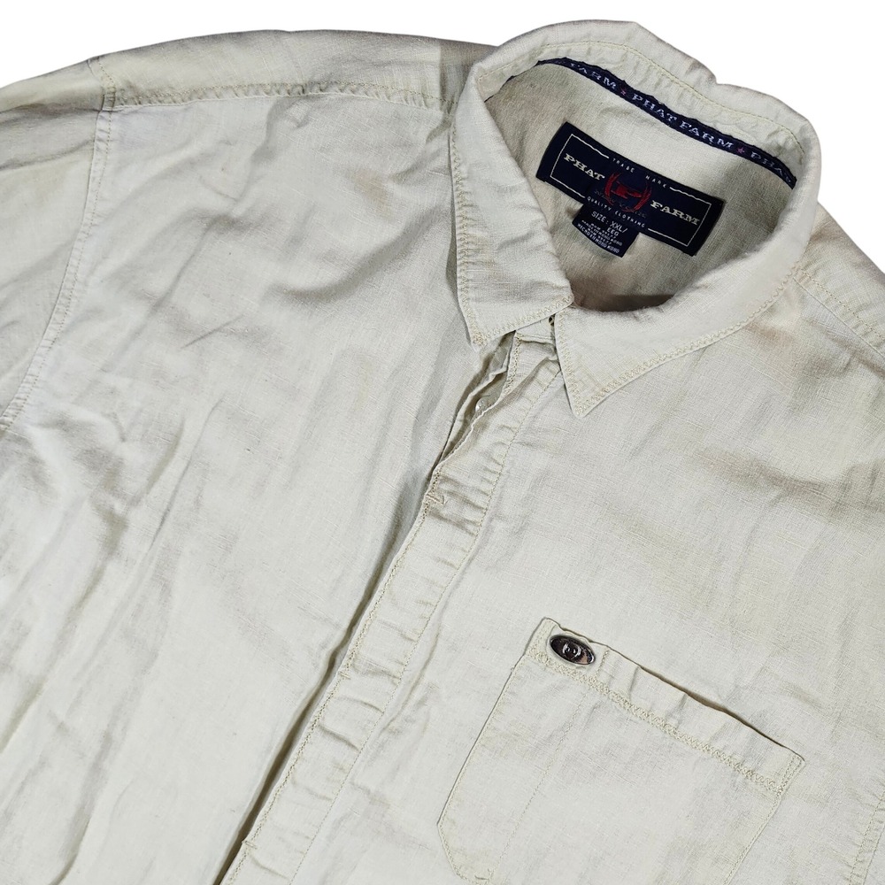 Phat Farm Mens XXL Short Sleeve Button Down Shirt Beige Linen Blend Casual Style